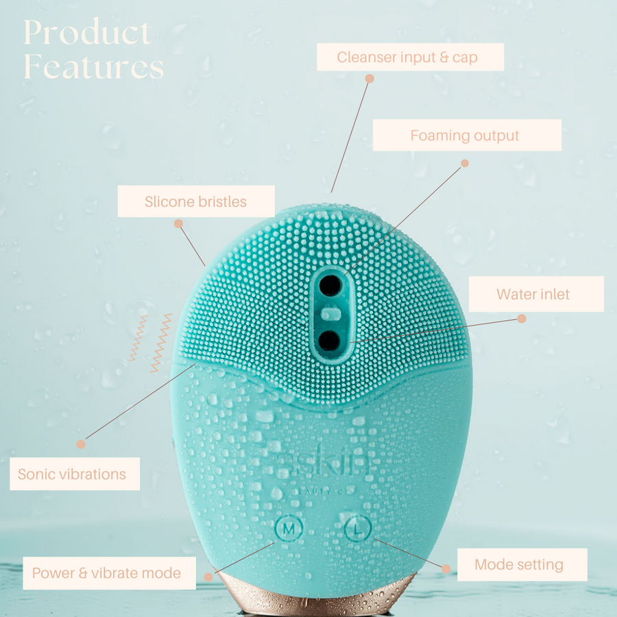 Automatic, silicone face cleansing beauty device for clear skin - skiin beauty co - features
