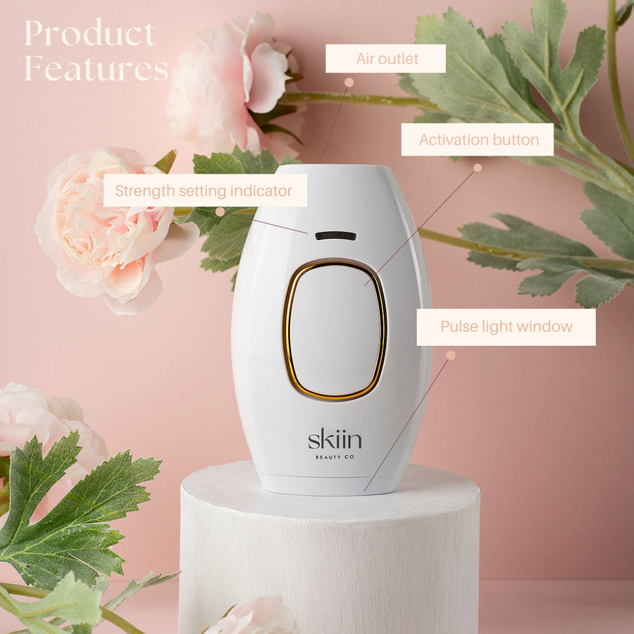 IPL hair removal device for at home use. styled image with features - skiin beauty co