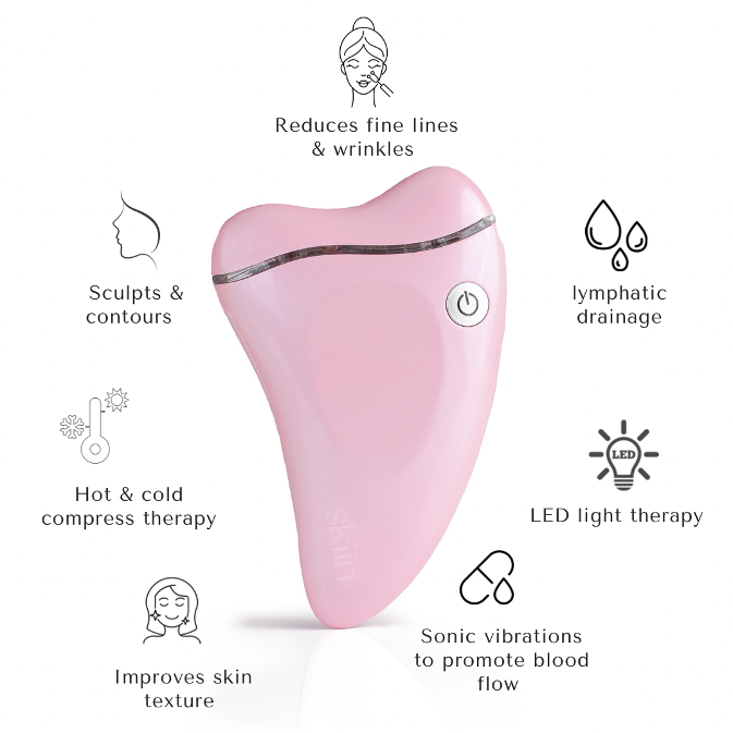 Gua sha face massaging and sculpting device. features image - skiin beauty co